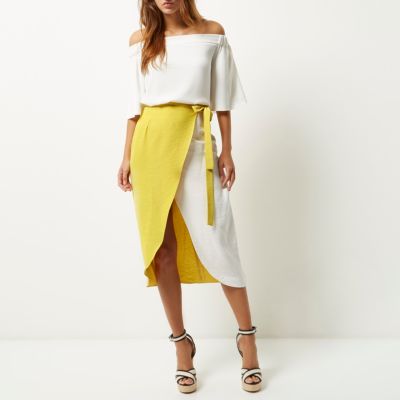 Yellow colour block wrap midi skirt